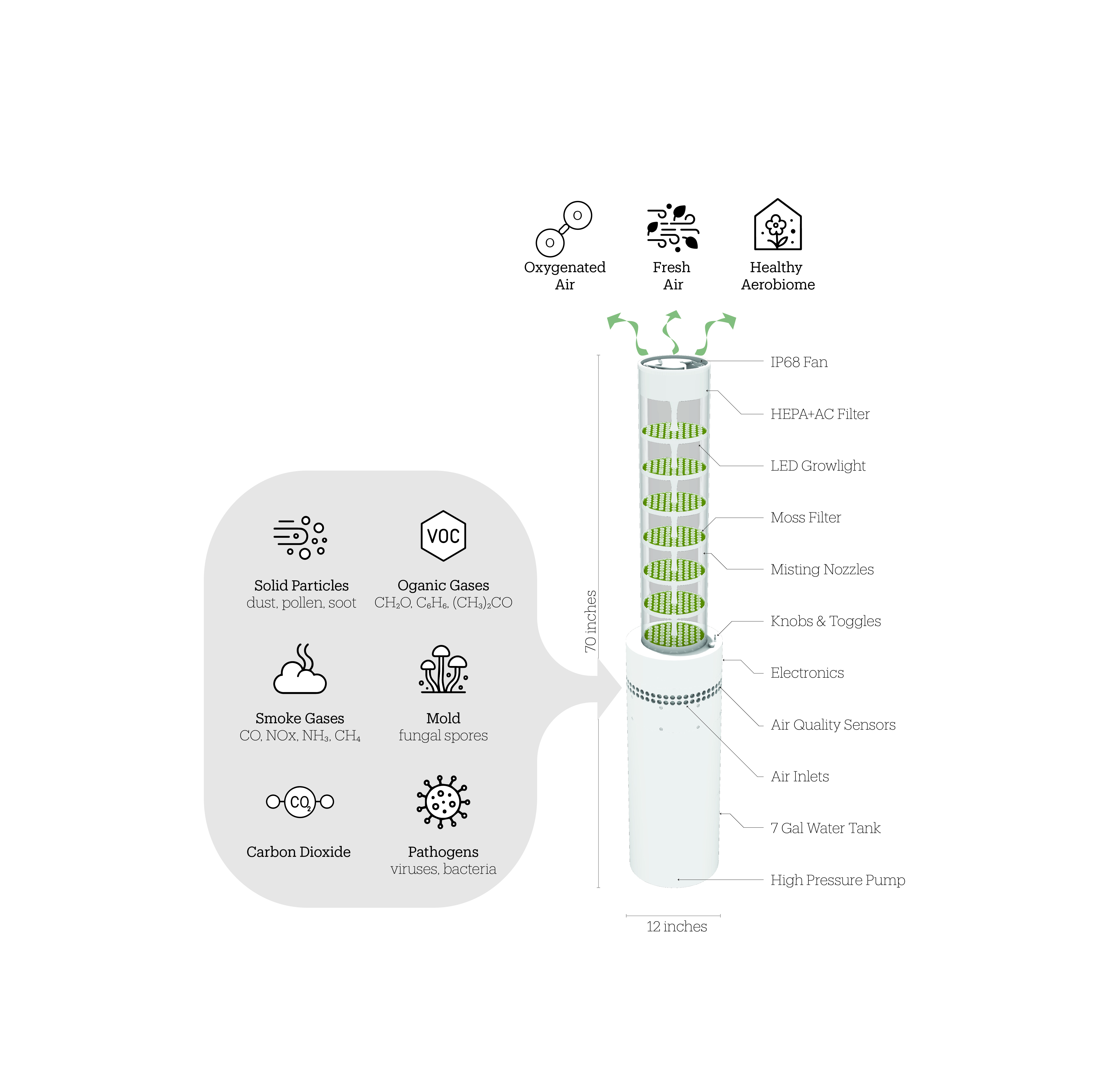 Column cutaway diagram — moss filter stack with air-quality icons (Oxygenated Air, Fresh Air, Healthy Aerobiome) and contaminant inputs
